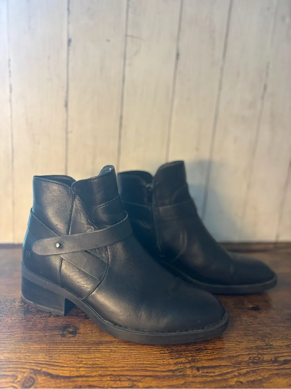 Born Black Leather Ankle Booties with Strap Accent